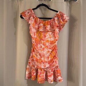 Hello Molly Floral Off-Shoulder Ruffle Mini Dress - Coral, Pink & White